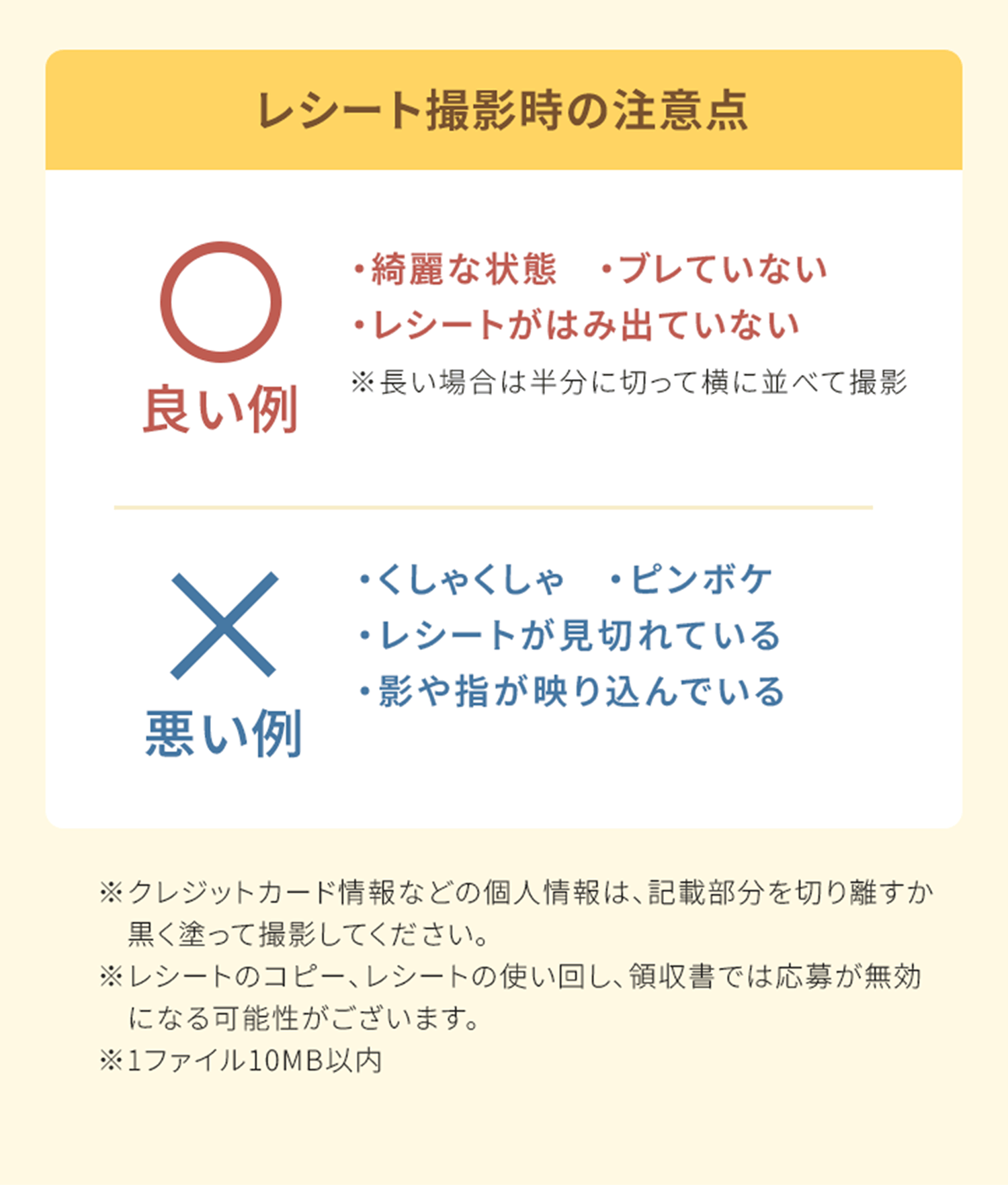 レシート撮影時の注意点です。よくお読みください。